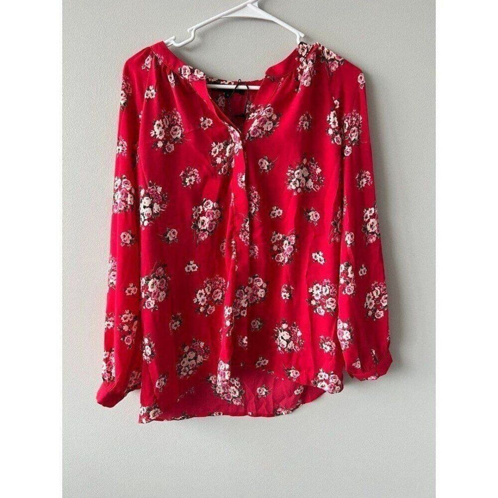 Gibson NWT Women Red Pretty Floral Long Sleeve Flare Button Blouse Top